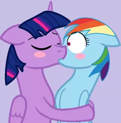 Size: 505x515 | Tagged: safe, artist:blitsazalisdash, artist:twilyisbestpone, derpibooru import, rainbow dash, twilight sparkle, alicorn, pegasus, pony, base used, blushing, derpibooru exclusive, eyes closed, female, hug, image, kissing, lesbian, mare, png, purple background, shipping, simple background, surprise kiss, surprised, twidash, wide eyes