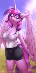 Size: 750x1500 | Tagged: suggestive, artist:shad0w-galaxy, derpibooru import, twilight sparkle, twilight sparkle (alicorn), alicorn, anthro, pony, belly button, big breasts, blushing, both cutie marks, bra, breasts, butt, cleavage, clothes, ear fluff, female, folded wings, horn, image, large wings, mare, open mouth, panties, png, purple underwear, see-through, see-through shirt, shirt, shorts, sky, solo, solo female, tail, thighs, underwear, watermark, wings