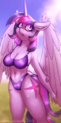 Size: 750x1500 | Tagged: suggestive, alternate version, artist:shad0w-galaxy, derpibooru import, twilight sparkle, twilight sparkle (alicorn), alicorn, anthro, pony, belly button, big breasts, blushing, both cutie marks, bra, breasts, butt, cameltoe, clothes, ear fluff, female, folded wings, horn, image, large wings, mare, open mouth, panties, png, purple underwear, sky, solo, solo female, tail, thighs, underwear, watermark, wings
