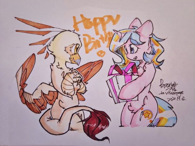 Size: 2048x1536 | Tagged: safe, artist:brest12135, oc, oc:oofy colorful, oc:vistamage, unofficial characters only, gryphon, pony, unicorn, birthday, birthday present, griffon oc, image, jpeg