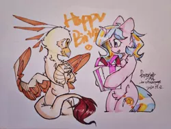 Size: 2048x1536 | Tagged: safe, artist:brest12135, oc, oc:oofy colorful, oc:vistamage, unofficial characters only, gryphon, pony, unicorn, birthday, birthday present, griffon oc, image, jpeg