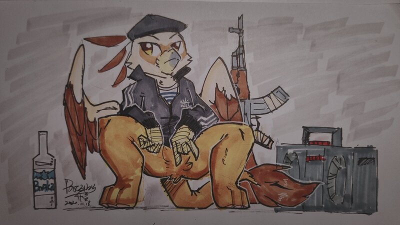 Size: 2048x1152 | Tagged: safe, artist:brest12135, oc, oc:vistamage, adidas, adidas tracksuit, ak-47, alcohol, assault rifle, beret, boombox, gun, hat, image, jpeg, rifle, slav squat, solo, tracksuit, vodka, weapon