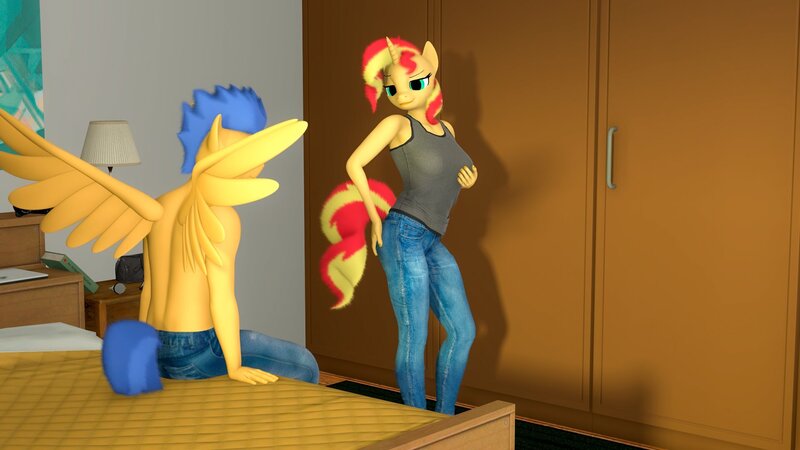 Size: 1920x1080 | Tagged: safe, artist:greenvazzy, derpibooru import, flash sentry, sunset shimmer, anthro, pegasus, unicorn, 3d, breasts, busty sunset shimmer, clothes, female, flashimmer, grope, image, jeans, jpeg, male, pants, partial nudity, self grope, shipping, source filmmaker, spread wings, straight, topless, wingboner, wings
