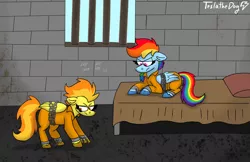 Size: 1280x829 | Tagged: safe, artist:teslathedog, derpibooru import, rainbow dash, spitfire, pegasus, pony, bed, bound wings, chains, clothes, cuffed, cuffs, duo, image, jail, jpeg, lying down, on bed, prison, prison outfit, prisoner, prisoner rd, prone, shackles, tally marks, wings