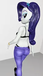 Size: 900x1600 | Tagged: suggestive, artist:oatmeal!, derpibooru import, rarity, equestria girls, 3d, ass, black underwear, bra, breasts, butt, clothes, gmod, image, jeans, looking at you, looking back, looking back at you, panties, pants, png, rear view, rearity, sexy, sideboob, simple background, solo, thong, underwear, walking, white background