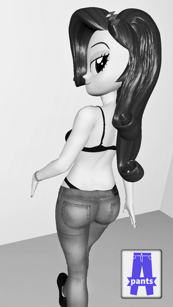 Size: 900x1600 | Tagged: suggestive, artist:oatmeal!, derpibooru import, rarity, equestria girls, 3d, ass, black underwear, bra, breasts, butt, clothes, fake ad, gmod, image, jeans, logo, looking at you, looking back, looking back at you, pants, png, rear view, rearity, sexy, sideboob, simple background, solo, underwear, walking, white background