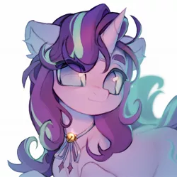 Size: 1864x1858 | Tagged: safe, artist:myscherri, derpibooru import, starlight glimmer, pony, unicorn, alternate hairstyle, collaboration, collaboration:choose your starlight, cute, eye clipping through hair, female, glimmerbetes, image, jewelry, jpeg, mare, necklace, simple background, smiling, solo