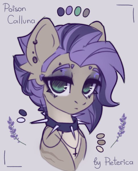 Size: 2175x2695 | Tagged: safe, artist:reterica, artist:rphantom13, derpibooru import, oc, oc:poison calluna, unofficial characters only, bat pony, pony, bat pony oc, bat wings, choker, cross, female, frown, high res, image, inverted cross, jewelry, jpeg, looking at you, mare, necklace, signature, simple background, solo, spiked choker, white background, wings