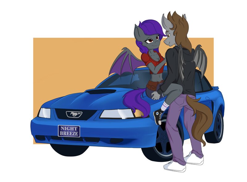 Size: 2048x1506 | Tagged: safe, artist:qbellas, derpibooru import, oc, oc:night breeze, unofficial characters only, anthro, bat pony, bat pony oc, bat wings, belly button, belt, breasts, butt touch, car, cleavage, clothes, convertible, female, ford, ford mustang, hand on butt, hand on shoulder, happy, holding, hoodie, image, jpeg, license plate, looking at each other, looking at someone, love, male, oc x oc, pony car, purple mane, shipping, shoes, short shirt, shorts, simple background, sitting, smiling, socks, sports car, straight, vehicle, white background, wings