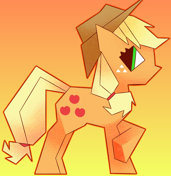 Size: 1090x1119 | Tagged: safe, artist:relighted, derpibooru import, applejack, earth pony, pony, angular, apple, female, food, gradient background, hat, image, mare, orange, png, raised hoof, solo