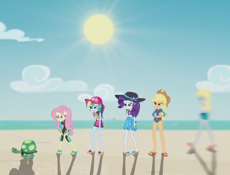 Size: 795x607 | Tagged: safe, derpibooru import, screencap, applejack, derpy hooves, fluttershy, rainbow dash, rarity, tank, tortoise, aww... baby turtles, equestria girls, equestria girls series, applejack's beach shorts swimsuit, applejack's hat, beach, clothes, cloud, cowboy hat, fluttershy's wetsuit, hat, image, jpeg, motion blur, pigeon toed, rarity's blue sarong, rarity's purple bikini, sandals, sun, sun hat, swimsuit