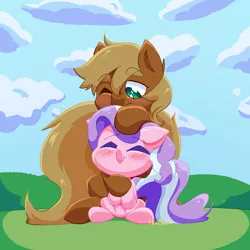 Size: 2000x2000 | Tagged: safe, artist:headhazed, derpibooru import, diamond tiara, oc, oc:jack of trades, earth pony, pony, blushing, cloud, earth pony oc, eyes closed, female, field, filly, foal, grass, head pat, hug, hug from behind, image, one eye closed, pat, png, sitting, size difference, sky