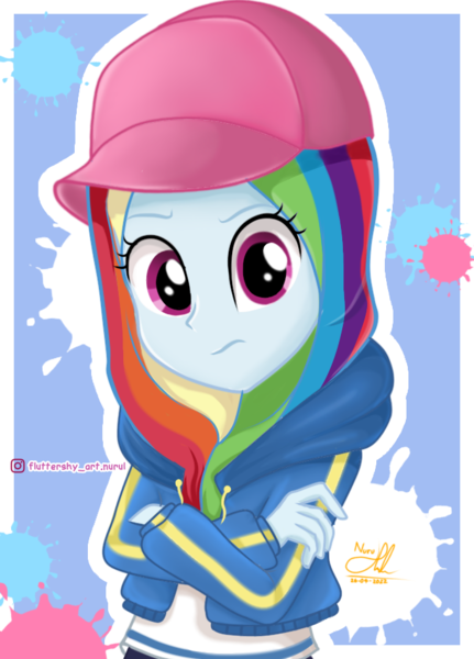 Size: 680x946 | Tagged: safe, artist:fluttershy_art.nurul, derpibooru import, rainbow dash, equestria girls, clothes, hat, hijab, image, islam, jacket, pink eyes, png, shirt, solo, veil