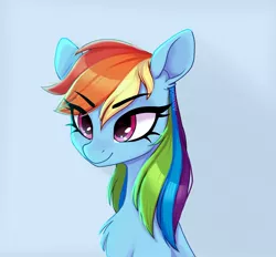 Size: 1948x1807 | Tagged: safe, artist:_alixxie_, derpibooru import, rainbow dash, pegasus, pony, bust, eye clipping through hair, eyebrows, eyebrows visible through hair, female, image, jpeg, light blue background, mare, portrait, signature, simple background, smiling, solo