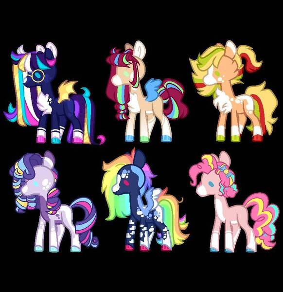 Size: 824x850 | Tagged: safe, artist:innocent-dreamies, derpibooru import, applejack, fluttershy, pinkie pie, rainbow dash, rarity, twilight sparkle, bat pony, earth pony, pegasus, pony, unicorn, alternate design, alternate universe, base used, bat ponified, black background, breasts, coat markings, colored hooves, female, glasses, hooves, image, jpeg, mane six, mare, multicolored hooves, race swap, simple background, twibat, twitterina design