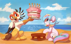 Size: 4000x2500 | Tagged: safe, artist:vistamage, derpibooru import, oc, oc:oofy colorful, oc:vistamage, unofficial characters only, gryphon, pony, unicorn, cake, candle, duo, female, food, griffon oc, high res, horn, image, jpeg, mare, open mouth, open smile, sitting, smiling, unicorn oc