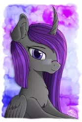 Size: 960x1440 | Tagged: safe, artist:etheria galaxia, derpibooru import, oc, oc:etheria galaxia, unofficial characters only, alicorn, pony, alicorn oc, bust, chest fluff, curved horn, ear fluff, female, glasses, horn, image, long mane, mare, png, portrait, signature, smiling, solo, solo female, wings