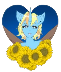 Size: 2303x2700 | Tagged: safe, artist:pony straponi, derpibooru import, oc, oc:skydreams, anthro, pony, unicorn, artificial wings, augmented, bust, female, flower, heart, image, looking at you, mare, mechanical wing, png, portrait, solo, sunflower, wings