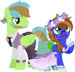 Size: 1280x1229 | Tagged: safe, artist:pure-blue-heart, derpibooru import, oc, oc:bluebook, oc:harmonic melody, unofficial characters only, pegasus, pony, beard, blue eyes, brown eyes, clothes, colored wings, couple, dress, facial hair, female, floral head wreath, flower, freckles, gala dress, glasses, image, jewelry, male, mare, png, simple background, size difference, stallion, suit, transparent background, two toned mane, two toned wings, watermark, wings