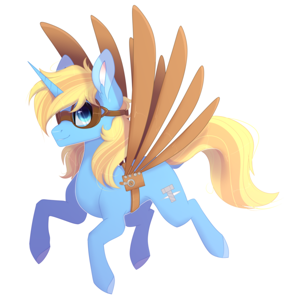 Size: 3615x3820 | Tagged: safe, artist:gladius lockhart, derpibooru import, oc, oc:skydreams, pony, unicorn, artificial wings, augmented, aviator goggles, female, goggles, image, mare, mechanical wing, png, simple background, solo, transparent background, wings