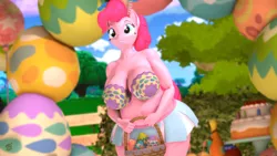 Size: 3840x2160 | Tagged: suggestive, artist:silkworm205, derpibooru import, pinkie pie, anthro, earth pony, art pack:eggy easter 2022, 3d, basket, big breasts, breasts, busty pinkie pie, chubby, clothes, easter, easter basket, easter egg, holiday, image, partial nudity, png, revamped anthros, skirt, solo, source filmmaker, strapless bra, topless, wide hips