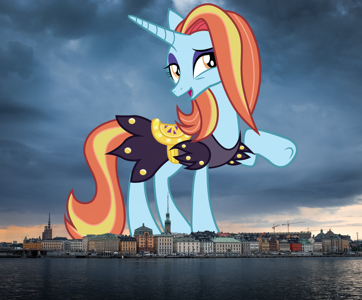 Size: 2048x1700 | Tagged: safe, artist:koolfrood, artist:thegiantponyfan, derpibooru import, sassy saddles, pony, unicorn, clothes, female, giant pony, giant unicorn, giantess, highrise ponies, image, irl, looking at you, macro, mare, mega giant, open mouth, open smile, photo, png, ponies in real life, raised hoof, skyline, smiling, solo, stockholm, sweden