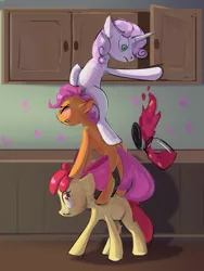 Size: 1800x2400 | Tagged: safe, artist:yarugreat, derpibooru import, apple bloom, scootaloo, sweetie belle, earth pony, pegasus, pony, unicorn, blushing, cute, cutealoo, cutie mark crusaders, food, image, jam, kitchen, png, tabun art-battle, whoops