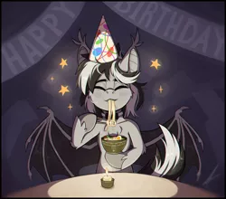 Size: 2530x2230 | Tagged: safe, artist:ivanmidnight, derpibooru import, oc, oc:oldi filmes, unofficial characters only, bat pony, bat pony oc, bat wings, birthday, candle, eyes closed, food, image, noodles, png, ramen, wings
