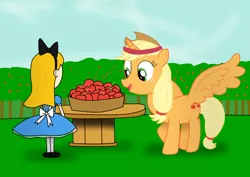 Size: 1552x1096 | Tagged: safe, artist:04startycornonline88, derpibooru import, applejack, alicorn, human, alicornified, apple, crate, fiona munson, food, happy, image, jpeg, princess applejack, race swap, smiling, wood, working