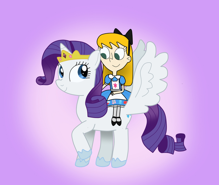 Size: 1438x1213 | Tagged: safe, artist:04startycornonline88, derpibooru import, rarity, alicorn, human, pony, alicornified, crown, element of generosity, female, fiona munson, happy, image, jewelry, jpeg, looking at each other, looking at someone, mare, princess rarity, race swap, regalia, riding a pony, smiling, smiling at each other