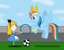 Size: 1666x1288 | Tagged: safe, artist:04startycornonline88, derpibooru import, rainbow dash, alicorn, human, alicornified, element of loyalty, fiona munson, football, image, jpeg, looking at each other, looking at someone, race swap, sports