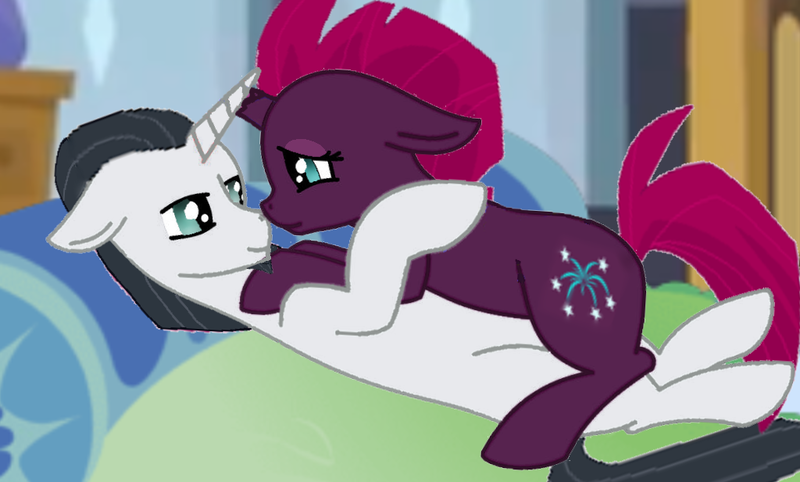 Size: 1024x617 | Tagged: safe, artist:alphamysticaura, artist:decokelow, derpibooru import, chancellor neighsay, fizzlepop berrytwist, tempest shadow, pony, unicorn, bed, bedroom eyes, bedroom ponies, boop, crossed horns, cuddling, eyeshadow, female, horn, horns are touching, image, just kiss already, looking at each other, looking at someone, makeup, male, mare, png, room, stallion