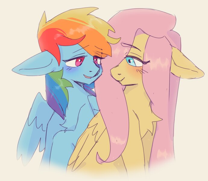 Size: 2300x2000 | Tagged: safe, artist:exxi00, derpibooru import, fluttershy, rainbow dash, pegasus, pony, female, flutterdash, image, jpeg, lesbian, shipping