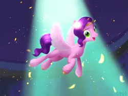 Size: 2309x1732 | Tagged: safe, artist:rily, derpibooru import, pipp petals, pegasus, pony, my little pony: a new generation, concert, g5, green eyes, growing up, image, night, pink skin, png, purple mane, sequence, sparkling, we got the light