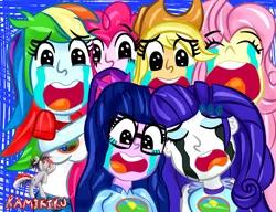 Size: 3900x3000 | Tagged: safe, artist:kamikiku, derpibooru import, applejack, fluttershy, pinkie pie, rainbow dash, rarity, sci-twi, twilight sparkle, human, equestria girls, legend of everfree, crying, crying on the outside, humane five, humane six, humanized, image, jpeg, minimalist, modern art, simple background, watermark