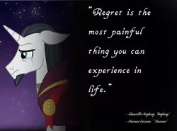 Size: 1038x770 | Tagged: safe, artist:decokelow, artist:g4lleon, derpibooru import, chancellor neighsay, pony, clothes, crying, fimfiction, image, male, medallion, night, png, quote, robe, stallion, vincenzo, vincenzo cassano