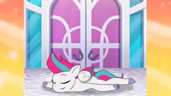 Size: 3410x1920 | Tagged: safe, derpibooru import, screencap, zipp storm, pegasus, pony, my little pony: tell your tale, spoiler:g5, spoiler:my little pony: tell your tale, spoiler:tyts01e07, clip trot, eyes closed, female, g5, high res, image, jpeg, lying down, mare, smiling, solo