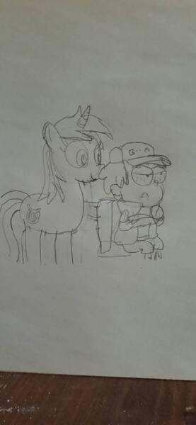 Size: 753x1632 | Tagged: safe, artist:04startycornonline88, derpibooru import, lyra heartstrings, human, unicorn, bonding, cheering up, comfort, comforting, dipper pines, glare, gravity falls, grumpy, happy, image, jpeg, looking away, traditional art