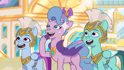 Size: 800x450 | Tagged: safe, derpibooru import, screencap, queen haven, pegasus, pony, my little pony: tell your tale, spoiler:g5, spoiler:my little pony: tell your tale, spoiler:tyts01e07, animated, armor, clip trot, g5, gif, headbob, image, loop, perfect loop, royal guard, royal guard armor, sparkles, thunder (g5), youtube link, zephyr heights, zoom zephyrwing