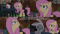 Size: 1280x720 | Tagged: safe, derpibooru import, edit, edited screencap, editor:quoterific, screencap, angel bunny, fluttershy, pegasus, pony, rabbit, scare master, season 5, animal, duo, female, fluttershy's cottage, grin, image, male, mare, night, open mouth, open smile, png, smiling, text