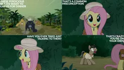 Size: 1280x720 | Tagged: safe, derpibooru import, edit, edited screencap, editor:quoterific, screencap, doctor caballeron, fluttershy, cat, cheetah, earth pony, pegasus, pony, daring doubt, season 9, spoiler:s09, bag, duo, female, image, male, mare, open mouth, open smile, png, saddle bag, smiling, stallion, text