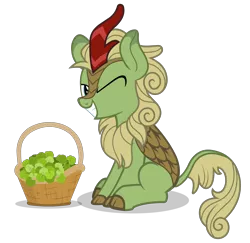 Size: 3104x3016 | Tagged: artist needed, safe, derpibooru import, forest fall, kirin, basket, image, looking at you, one eye closed, png, simple background, sitting, smiling, solo, transparent background, vector, wink, winking at you