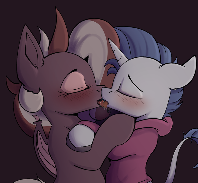 Size: 1440x1333 | Tagged: suggestive, artist:arume_lux, derpibooru import, oc, oc:efflorescence, oc:yodi, bat pony, classical unicorn, pony, unicorn, bat pony oc, bat wings, clothes, cloven hooves, drool, french kiss, image, kissing, leonine tail, makeup, png, sweater, tail, unshorn fetlocks, wings