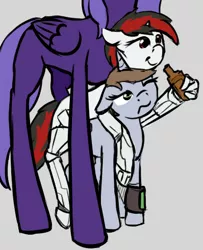 Size: 398x490 | Tagged: safe, artist:barhandar, oc, oc:blackjack, oc:goddess, oc:littlepip, unofficial characters only, alicorn, cyborg, unicorn, fallout equestria, fallout equestria: project horizons, alcohol, amputee, annoyed, bottle, colored sketch, fanfic art, gray background, horn, image, large horn, leaning, png, quadruple amputee, simple background, sketch, small, small horn, whiskey