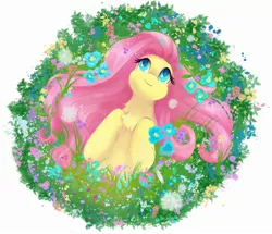 Size: 2514x2160 | Tagged: safe, artist:saphypone, derpibooru import, fluttershy, pegasus, pony, bust, chest fluff, dandelion, female, flower, fluttershy day, grass, high angle, high res, hooves to the chest, image, jpeg, looking up, lying down, mare, on back, partial background, plants, simple background, smiling, solo, white background