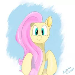 Size: 600x600 | Tagged: safe, artist:addelum, derpibooru import, fluttershy, pony, abstract background, female, full face view, image, jpeg, looking at you, mare, raised hoof, raised hooves, smiling, solo