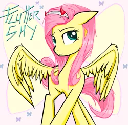 Size: 1212x1184 | Tagged: safe, artist:sallycars, derpibooru import, fluttershy, butterfly, insect, pegasus, pony, aside glance, crossed hooves, devil horns, female, floppy ears, fluttershy day, head turned, horns, image, looking at you, mare, name, png, sideways glance, solo, spread wings, standing, wings