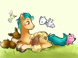Size: 1280x960 | Tagged: safe, artist:artsbysmarty, derpibooru import, hitch trailblazer, buneary, clefairy, earth pony, eevee, pony, togetic, blushing, crossover, cute, cutiefly, g5, grass, hitchbetes, image, lying down, male, png, pokémon, simple background, smiling, stallion
