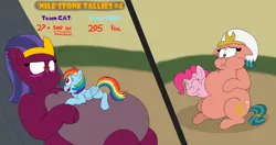 Size: 5500x2900 | Tagged: safe, artist:rupertbluefox, derpibooru import, pinkie pie, rainbow dash, somnambula, sphinx (character), earth pony, pegasus, pony, sphinx, series:miles&nilesofcat&fat, 2 panel comic, belly, belly bed, big belly, blushing, butt, chubby cheeks, comic, cross-popping veins, cute, dashabetes, desert, diapinkes, duo, duo female, egyptian, egyptian headdress, egyptian pony, eyeshadow, fat, fat fetish, female, fetish, holding a pony, hug, huge belly, image, impossibly large belly, incentive drive, lidded eyes, lying down, makeup, mare, missing accessory, navel play, obese, plot, png, prone, puffy cheeks, pyramid, shocked, shocked expression, shrunken pupils, sinking, smiling, somnambetes, sphinxdorable, teeth, this ended in weight gain, unamused, weight gain, weight gain sequence