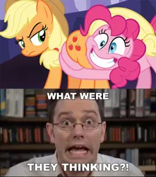 Size: 584x661 | Tagged: safe, derpibooru import, edit, edited screencap, screencap, applejack, pinkie pie, earth pony, pony, shadow play, angry video game nerd, butt touch, butthug, hug, image, james rolfe, jpeg, pinkie hugging applejack's butt, what were they thinking